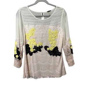 Gimmicks by BKE Lace Sheer Floral Appliqué Top Womens Medium Boho Long Sleeve
